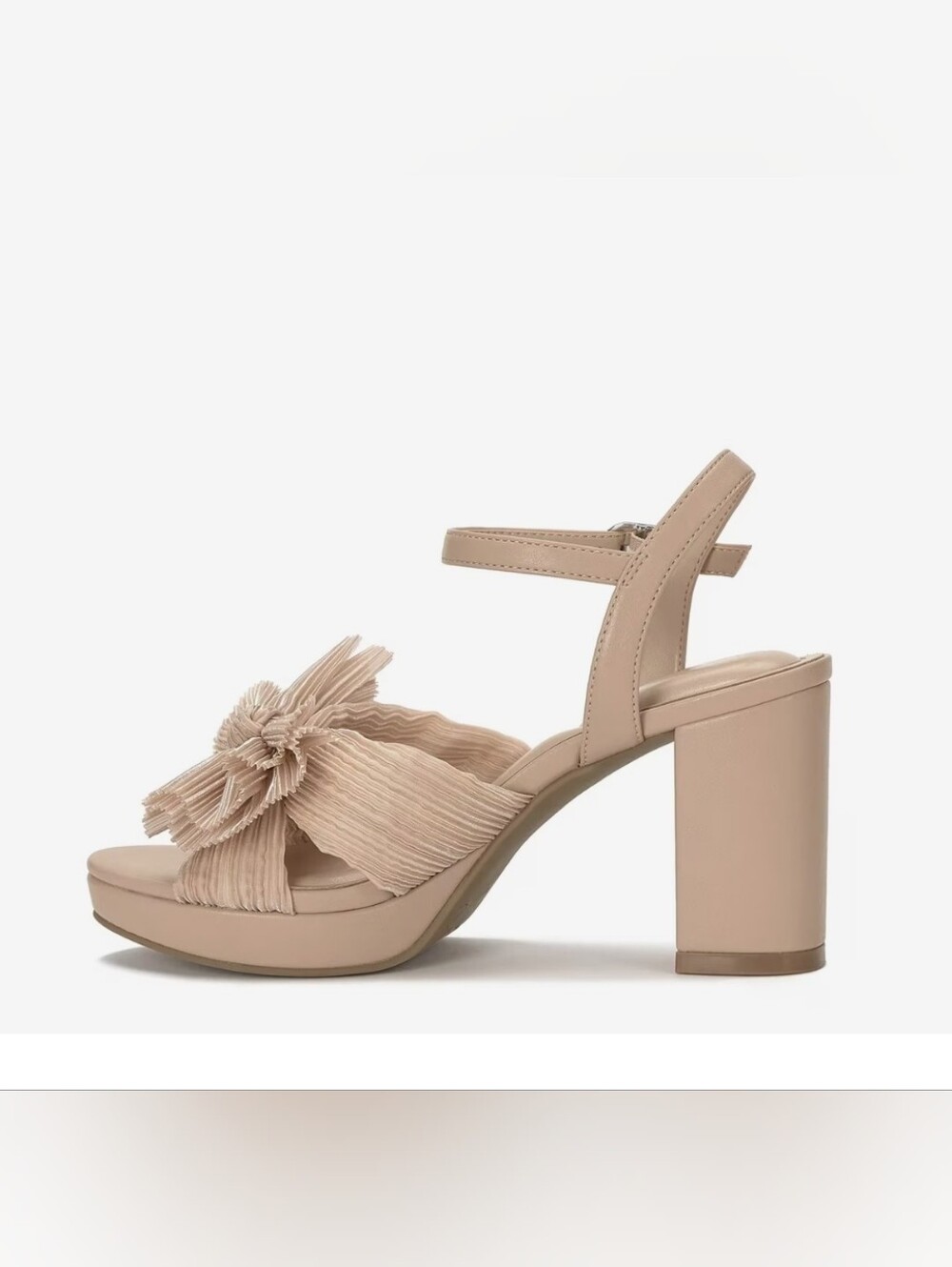 Nude Pleated Fabric Bow Block Heel Sandal